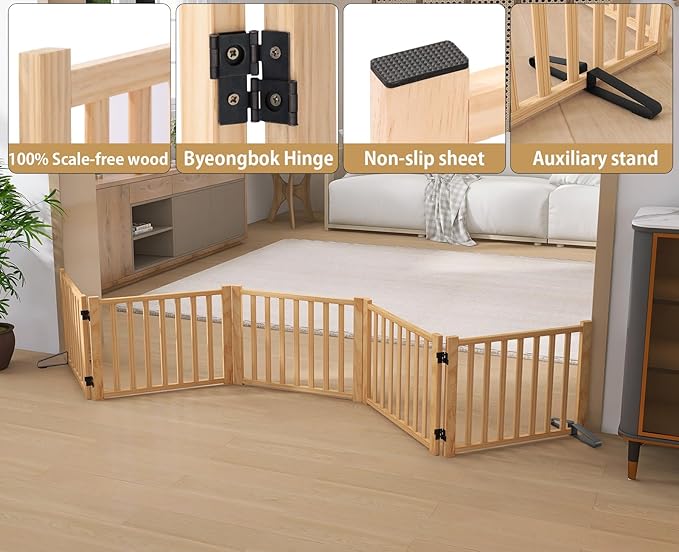 Solid Wood Freestanding Pet Gate,Nature Wood Dog Gates for Doorways The House,Pet Gate for Stairs,Freestanding Indoor Gate Safety Fence,16.9" Height-5 Panels