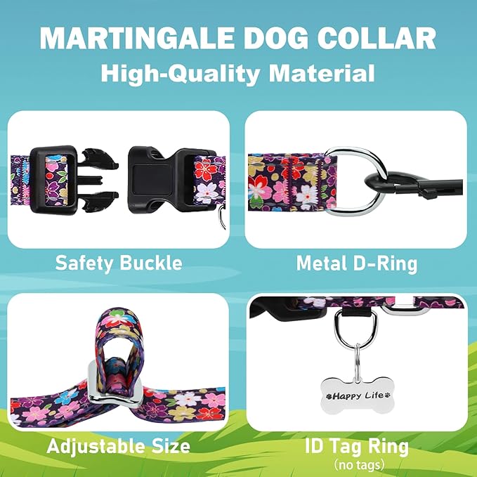 Reflective Martingale Collar for Dogs with Buckle Pretty Fancy Female Floral Dog Collars (Japanese Blossoms, Small)