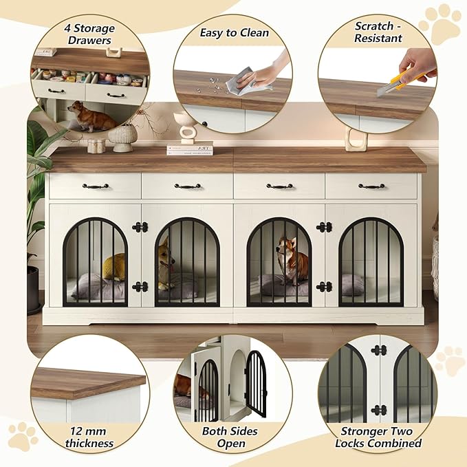 70.8'' Double Dog Crate Furniture for 2 Small and Medium Dogs,XXL Wooden Dog Kennel with 4 Storage Drawers,Removable Divider,Dog Crate TV Stand,Indoor Decorative Dog Cage with 4 Door,White