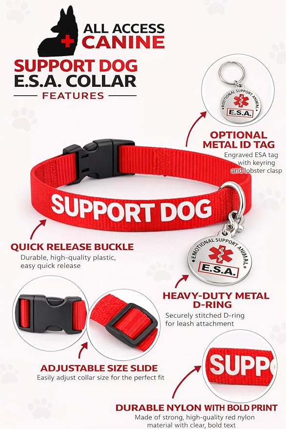 Service Dog and Emotional Support Animal ESA Collar with Metal Collar Tag (Support Dog (Collar and tag), M)