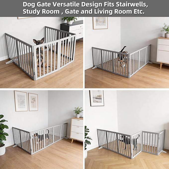 Dog Gate Indoor, Freestanding Dog Fence for The House, Doorways, Hallways,or Stairs,Pet Gate Foldable Wooden,Expandable 32" Height 6 Panels,Grey