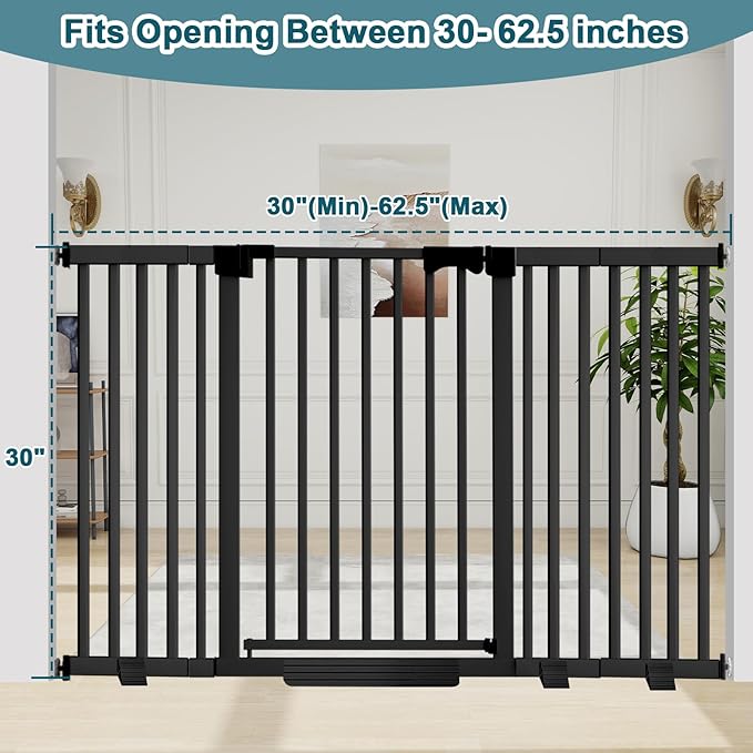 41" Extra Tall Dog Gate Indoor,30-62.5" Wide Heavy Duty Pet Gate for Doorways,Baby Gate with Walk Through and Auto Close, Pressure Mounted, Suitable for Stairs,Kitchen,Black