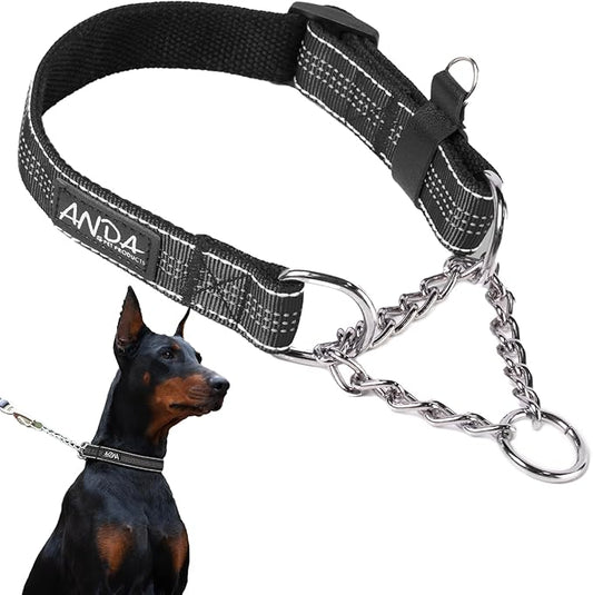 ANDA Martingale Collar for Dogs, Adjustable with Reflective Stainless Steel Chain, No-Pull Escape-Proof Training Collar for Medium and Large Breeds (Black, Medium)