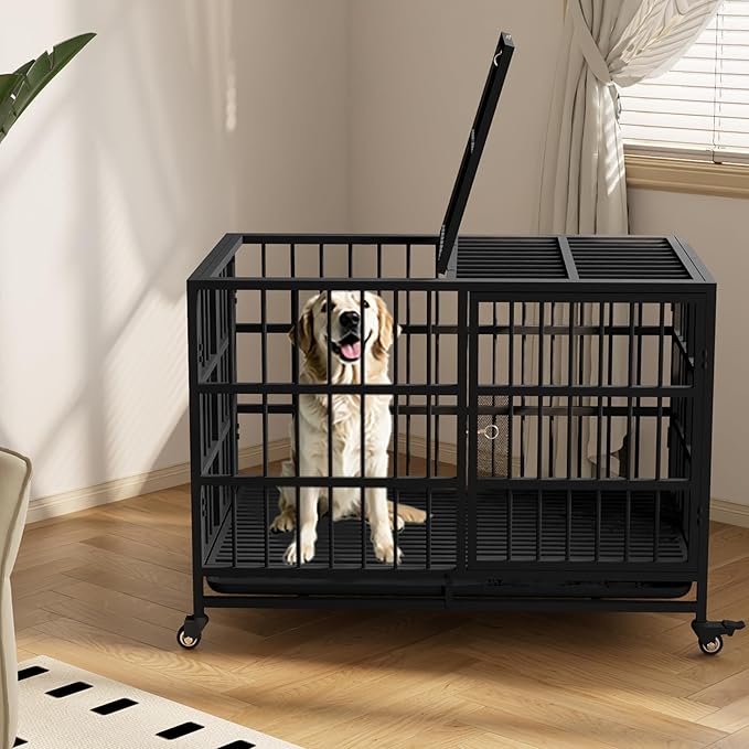 48Inch Heavy Duty Dog Crate, Rust Resistant Folding Metal XXXL Widened Base Dog Kennel, Upgraded Latch, Removable Tray, and Wheels with Brakes, Suitable for Medium to Extra-Large Dog
