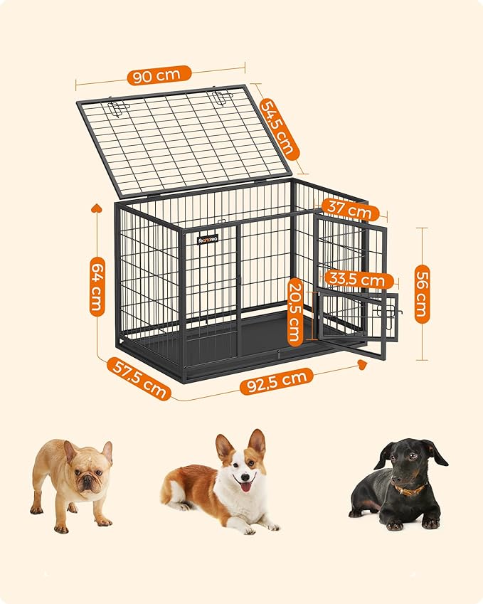 Feandrea Heavy-Duty Dog Crate, Dog Cage, 92.5 x 57.5 x 64 cm, for Small and Medium Dogs, Anti-Escape, Double Removable Door, Easy Cleaning, Pet Cage, L, Black PPD002B01