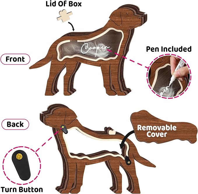 9" Labrador Dog Hair Keepsake Box, Wooden Pet Urns for Dogs, DIY Pet Loss Sympathy Gifts, Unique Gift Dog Shape Standable Table Decor, Idea Gift for Pet Lover Storing Fur Teeth Ashes PSD6-19L