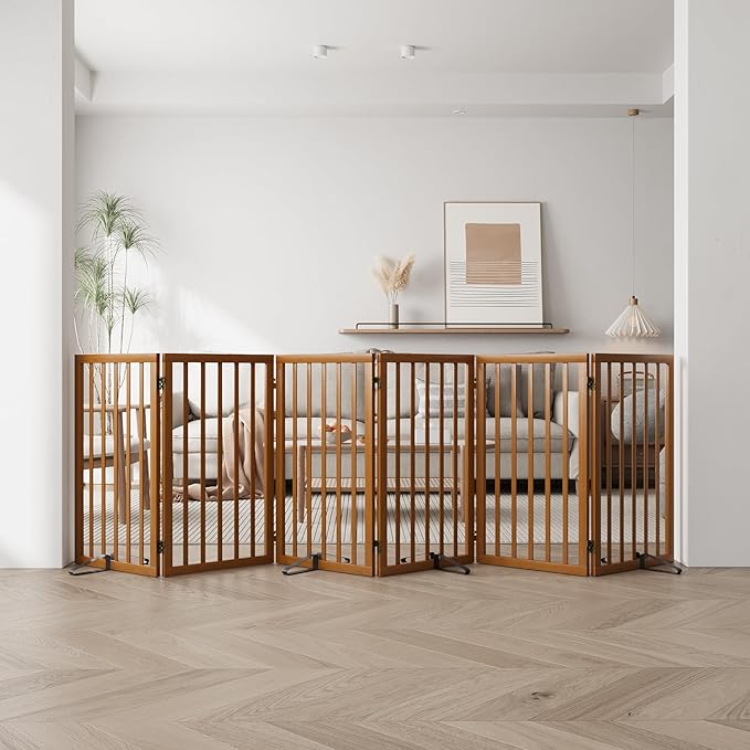 Freestanding Extra Wide Dog Gate Indoor, 6-Panel Wooden Pet Gate with 2 Metal Stands and 360°Hinge, Tall Dog Gates for Doorways, Stairs, Doorways, Kitchen, Foldable Safety Fence, 110"W x 32"H - Walnut