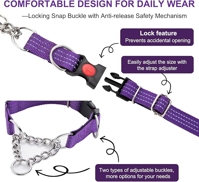 Martingale Collars,Reflective Dog Collar,Side Release Buckle,Adjustable Chain Training Pet Collars (Purple, M,Neck 13"-20")