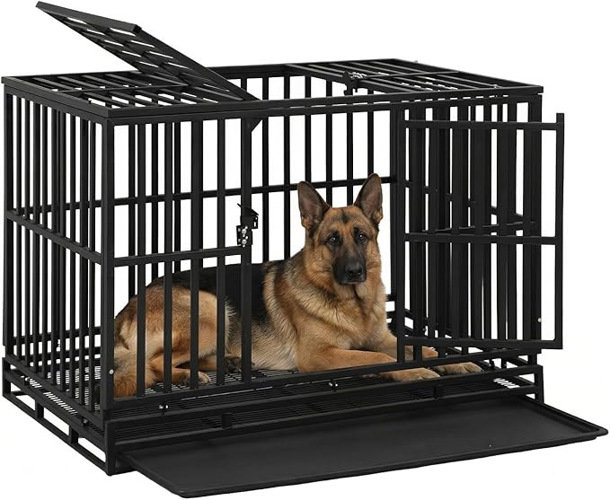 BestPet 49 Inch Heavy Duty Indestructible Dog Crate Dog Kennel Large Dog Crate Indoor Outdoor Dog Cage with Lockable Wheels Removable Tray and Double Doors Ideal for Medium and Large Sized Dogs