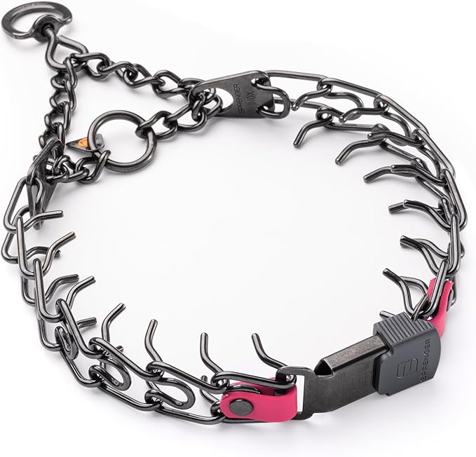 Herm Sprenger Black Stainless Steel Dog Collar with Short Links and Quick Release ClicLock Buckle and Biothane Insert Made in Germany 20in x 3.0mm (Neck Size up to 16-17in) (Passionfruit Pink)