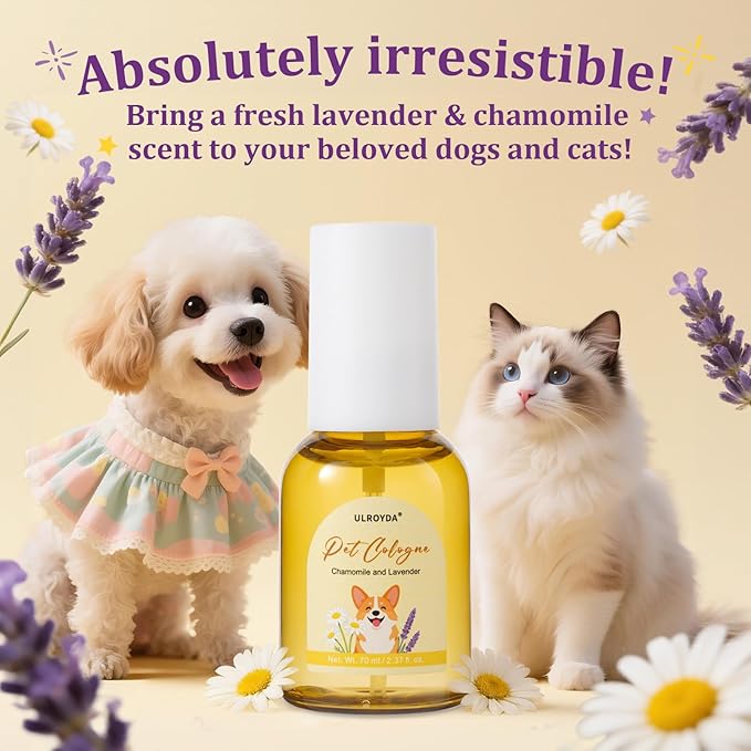 Calming Pet Cologne Spray, Lavender & Chamomile Dog Perfume, Soothing Grooming for Dogs and Cats, Anxiety Relief, Alcohol-Free Sensitive Skin Formula, Between Baths Freshener, 2.37 fl oz
