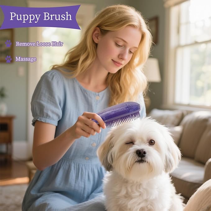 Comma-Shaped Small Dog Brush, Fit for Yorkie, Shih Tzu, Maltese Maltipoo Pomeranian - Gentle Soft Bristles for Effortless Pet Hair Removal, Puppy Essentials (Crystal Purple)