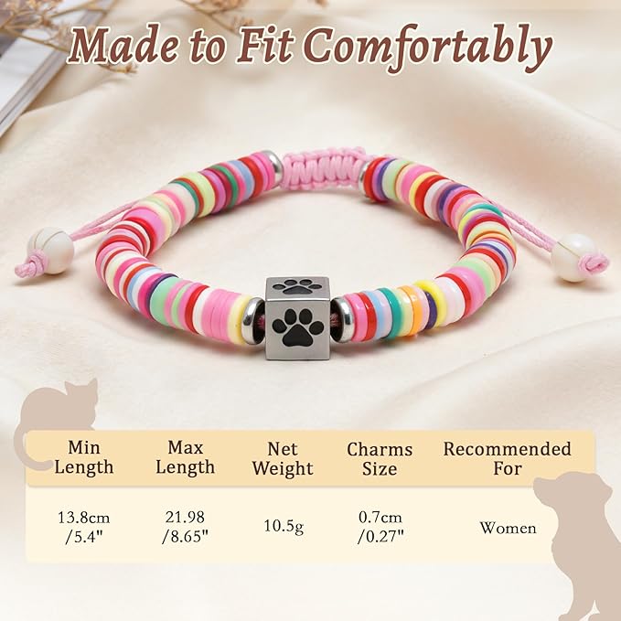 Pet Memorial Bracelet for Dog Loss, Sympathy Gift Keepsake, Adjustable Paw Charm Remembrance Jewelry, Pink