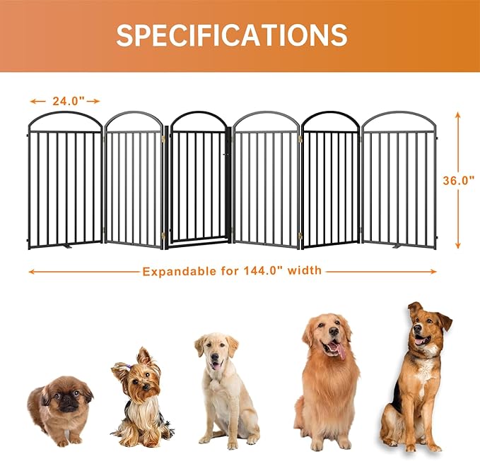 6 Panels Full Matel Freestanding Dog Gates with Door, 144"Extra Wide 36"Tall Free Standing Dog Pet Gate for Indoor & Outdoor. Foldable Pet Fences for Doorways, House, Stairs, Porch, Deck, Yard