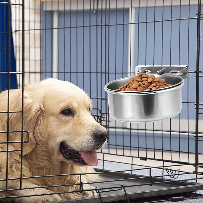 QWORK Kennel Water Bowl, 2 Pcs, Stainless Steel, Rust Resistant, Wide-Mouth Design, Twist On/Off Mounting