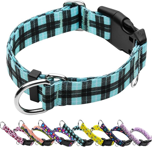 Martingale Collar for Dogs with Buckle No Pull Adjustable Nylon Limited Slip Training Dog Collars (Blue Plaid, Medium)