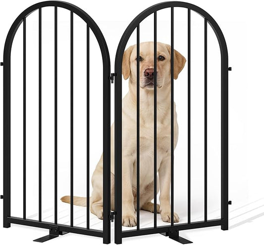 Full Metal Dog Gate for Indoor Outdoor, 32" Tall Free Standing Pet Dog Fence, 36" Wide Arched Pet Gates for Stairs, Hallways, Doorways, Kitchen, Decks, Yards (Black, 2 Panels)