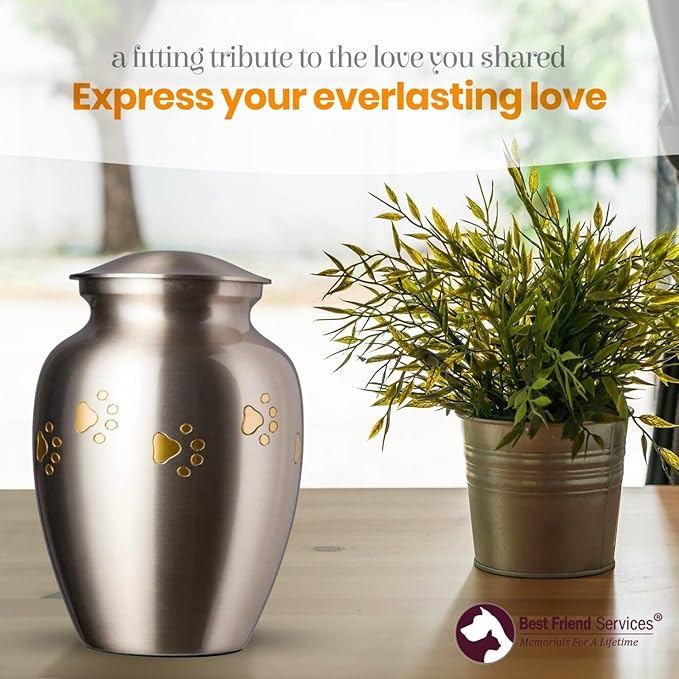 Ottillie Paws Legacy Series Pet Urn for Dogs, Handmade Brass Memorial Cremation Urn (X-Large - Pets up to 170 lbs, Pewter, Horizontal Brass Paws)