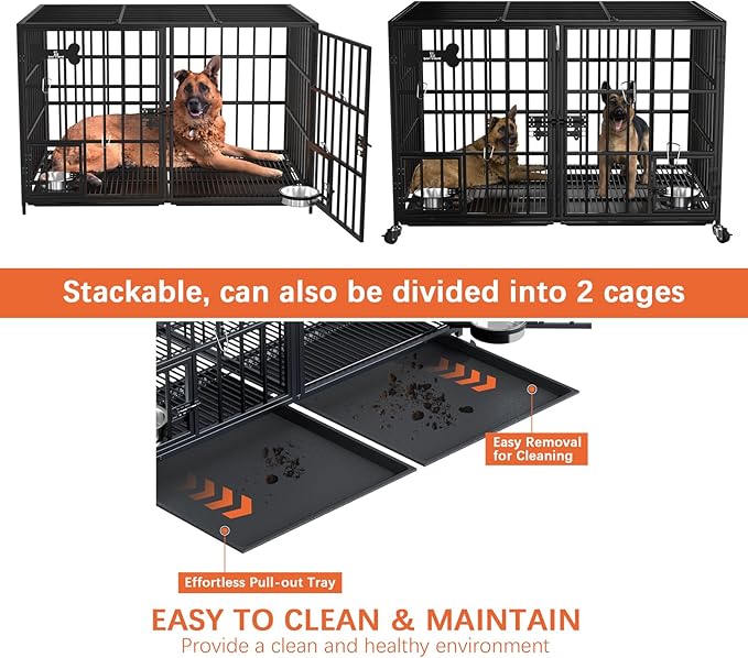42 inch Stackable Heavy Duty Metal Dog Crate for 4 Dogs/Large Dog,All Metal Open Top Access,Escape Proof Cage,Dog Kennel Indoor with Wheels,Floor Grid, Tray, Divider and Feeding Bowl