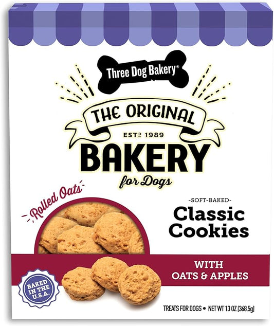 Three Dog Bakery Soft Baked Classic Cookies with Oats and Apple, Premium Treats for Dogs, 13 Ounce Box (114334)