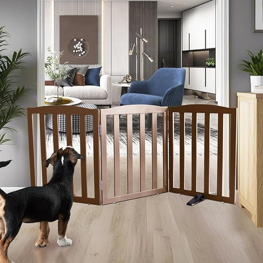 ZJSF Foldable Freestanding Indoor Dog Gate for House Wood Long Pet Gates Dog Fence for Stairs Puppy Gates for Hallways, Puppy Gate,Support Feet Included, Brown, 24 "Height-3 Panels