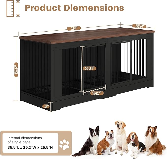 Furniture Style Dog Crate with Tray, 75" L Indoor Wooden Large Dog Kennel Furniture, Heavy Duty Decorative Dog Crate Table and Removable Divider, Black