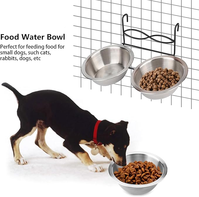 Stainless Steel Double Hanging Bowl Pet Feeding Station Water and Food Bowls with Hook for Small Dogs and Cats
