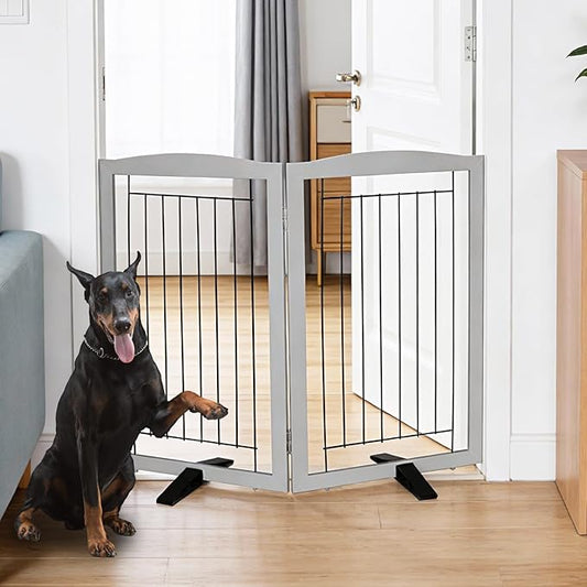 Dog Fence Indoor,Dog Gate Indoor for Doorway pet gate -2-Panel Freestanding, Hallways, House or Stairs -40x32-Inch Retractable Foldable Expandable Wood Pet by SFJC (Grey) ﻿