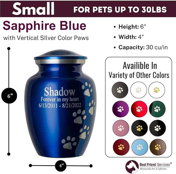 Ottillie Paws Premier Series Pet Urn for Dogs and Cats with Personalized Laser Engraving (Small - Pets up to 25 lbs, Sapphire Blue with Vertical Pewter Paws)