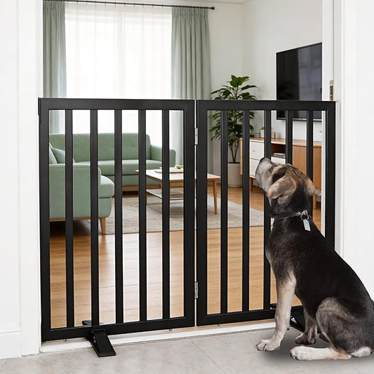 ZJSF Freestanding Indoor Dog Gate for House Foldable Wood Puppy Gate for Doorways Pet Gate for Stairs Extra Wide Pet Fence, Black, 32" Height 2 Panels