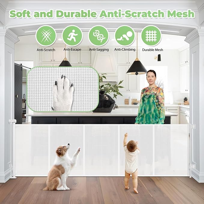 Reinforced 120 Inch Extra Long Retractable Baby & Dog Gate with Support Rods Prevents Crawling Under, 10 Ft Wide for Large Openings, Indoor/Outdoor Gate, White