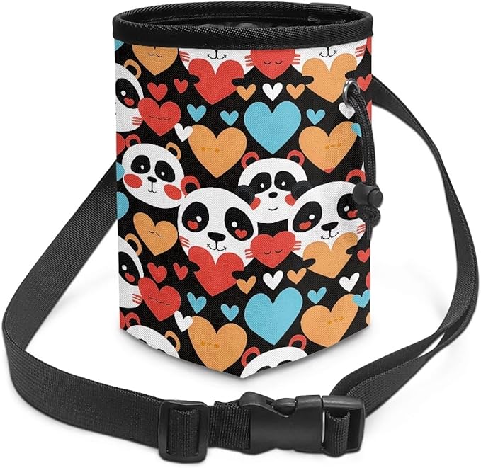Panda Hearts Animal Walking Snack Container Dog Treat Bag Drawstring Closure Pouch Training Treat Bag for Pet Food Toy, Pet Feed Snack Reward Pocket with Waistband