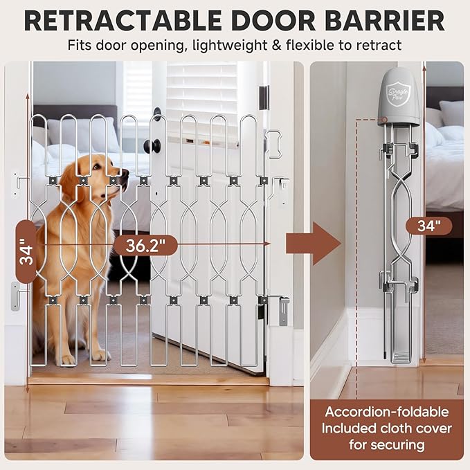 Snagle Paw Metal Retractable Door Barrier,Safety Dog Gate for Front Door,Easy Install Retractable Pet Gate for Recreational Vehicle,Doorways,36.2" Wide 35" Tall