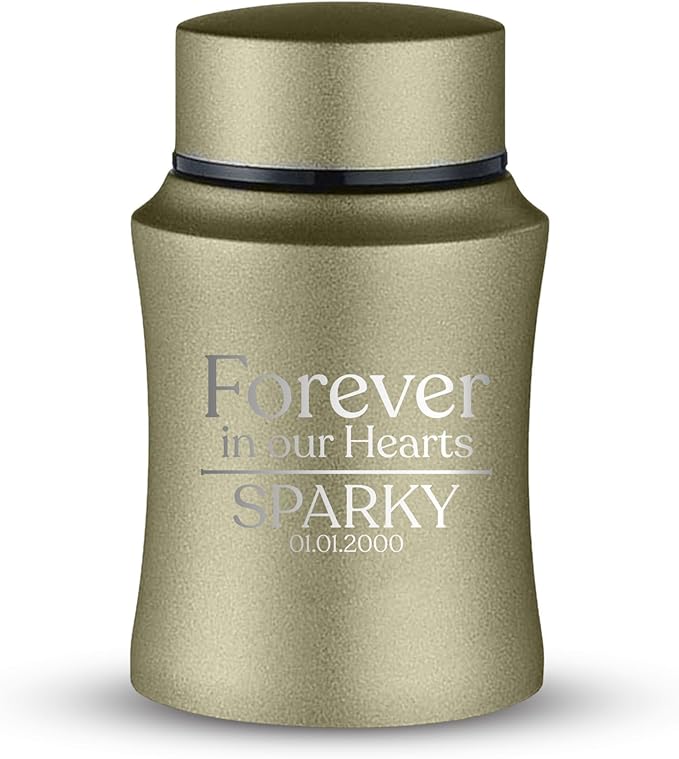 Customized Small Keepsake Urn Personalized Engraved with Pet Name, Date, and Dog Design - 4" Steel Cremation Mini Compact Urn for Dogs Ashes | 5–10 Lbs Capacity | Washed Gold, Forever in Our Hearts