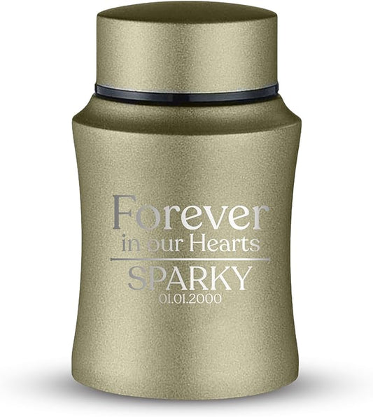Customized Small Keepsake Urn Personalized Engraved with Pet Name, Date, and Dog Design - 4" Steel Cremation Mini Compact Urn for Dogs Ashes | 5–10 Lbs Capacity | Washed Gold, Forever in Our Hearts