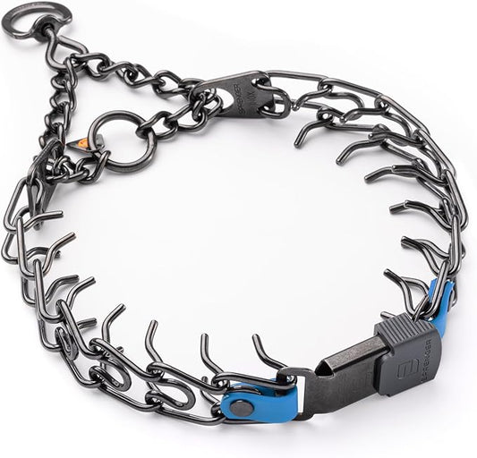 Herm Sprenger Black Stainless Steel Dog Collar with Short Links and Quick Release ClicLock Buckle and Biothane Insert Made in Germany 20in x 3.0mm (Neck Size up to 16-17in) (Cerulean Blue)