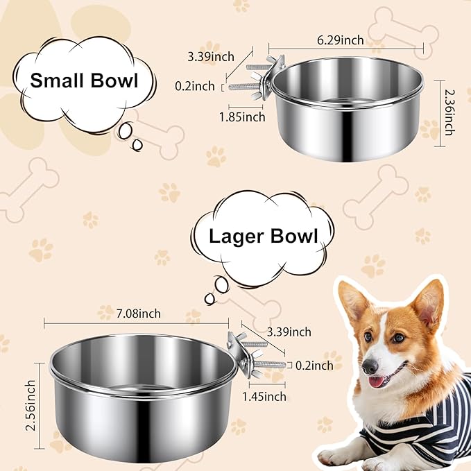 Crate Dog Bowls, Removable Stainless Steel Dog Bowl for Food and Water, Pet Kennel Hanging Food Water Feeder Station for Small/Medium/Large Pets, (7.1"x2.6" & 6.3"*2.4", Silver)