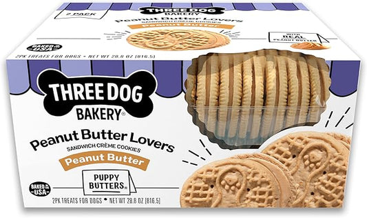 Three Dog Bakery Peanut Butter Lovers Dog Treats, Crunchy Sandwich Cookies for Dogs with Creamy Peanut Butter Filling, 28.8 oz