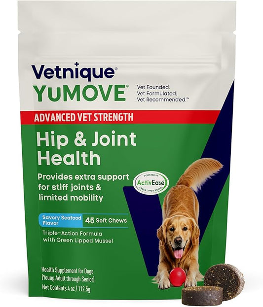Yumove Hip & Joint Supplement for Dogs with Glucosamine, Hyaluronic Acid, Green Lipped Mussel & Omega 3 Joint Supplement - Regular or Advanced Strength (45 Count, Advanced Vet Strength Soft Chews)