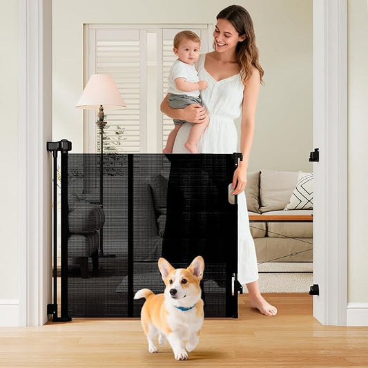 One-Hand Operation Retractable Baby Gates, 150 inch Retractable Gate with Reinforced Strip Design to Prevent Crawling Through, 12 FT Extra Wide Retractable Dog Gate for Indoor/Outdoor