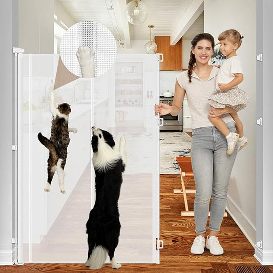 Reinforced 60 Inch Extra Tall Pet Gate for Cats - No Jumping Over/Crawling Under, 55" Wide Retractable Dog Gate with Support Rods, Indoor/Outdoor Retractable Gate Extra Tall Baby Gate for Cats, White