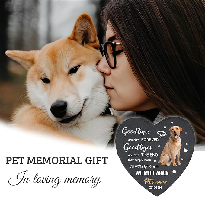 Cowcute Personalized Pet Memorial Stone, Customized Pet Grave Markers Headstone with Photo Name Dates, Dog Memorial Gifts for Loss of Dog, Sympathy Gift for Dog Mom Owner, Heart Shaped Garden Stone