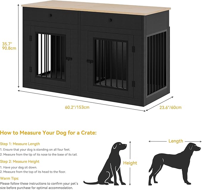 DWVO 60 Inch Double Dog Crate Furniture for 2 Dogs, Heavy Duty Wooden Dog Crate TV Stand with Removable Divider & Storage Drawers, Dogs Kennel Indoor Furniture Double Sliding Barn Door, Black
