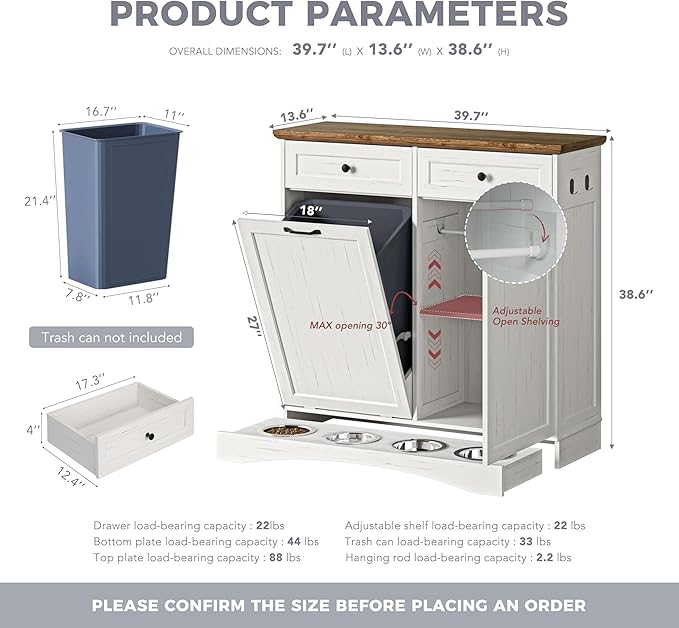 FIMELLO 39.7’’W Dual Doors Dog Food Storage Cabinet, Tilt-Out Dog Feeding Station with 4 Feeding Bowls, Pet Feeder Cabinet, White Grain
