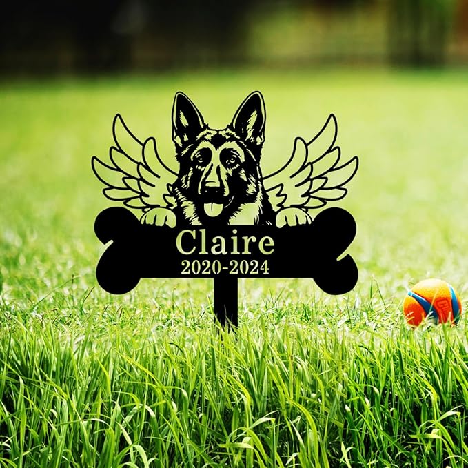 Goodqueen Custom Dog Memorial Grave Marker with Wings Bone, Personalized German Shepherd Grave Marker Memorial Stake Pet Loss Sign, Dog Memorial Grave Stake Pet Grave Marker Pet Sympathy Gift
