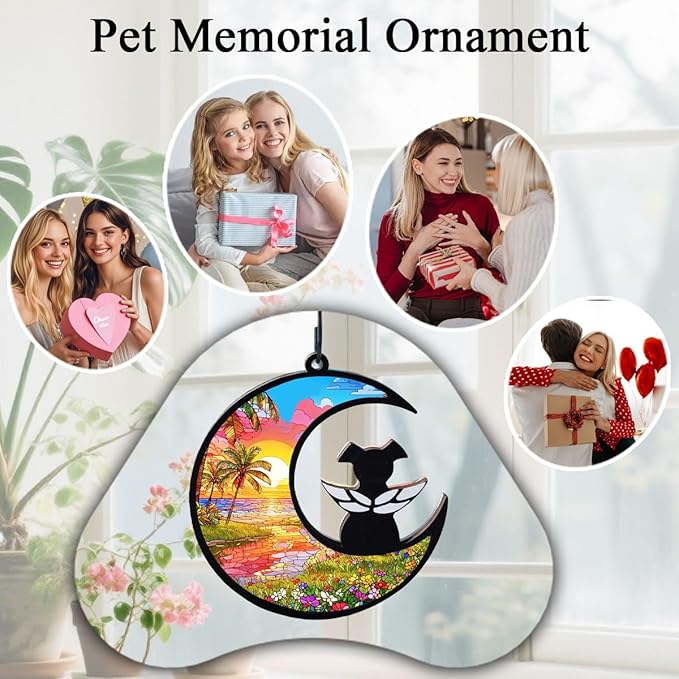 Dog Angel Memorial Suncatcher with Rainbow Bridge Poem Card, Pet Sympathy Gifts for Loss of Dog, Seaside Sunset