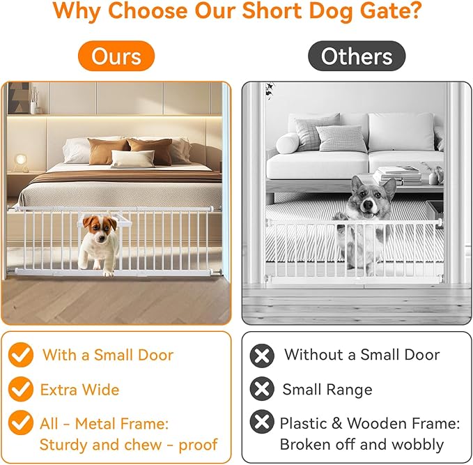 18" Height Short Dog Gate with Small Cat Door, Adjustable 18"-48" Extra Wide Pet Gate with 4 Extension Kits Pressure Mounted for Doorways and Stairs, White