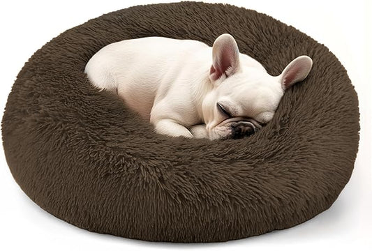 Dogs Bed for Small Dogs, Anti-Anxiety Washable Round Bed (Coffee, 24.0" L x 24.0" W x 8.0" Th)