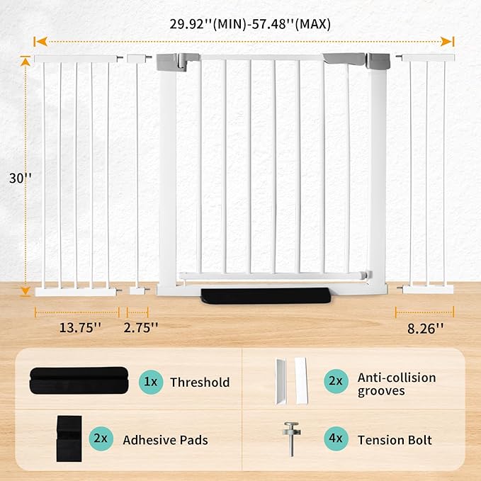 30 Inch Tall Cat Pet Gate Baby Gate Auto Close Dog Gates Adjustable 29.92""-57.48"" Wide Pressure Mounted Walk Through Swing Safety Pet Gates Child Gate (29.92""-57.48"" Wide), White
