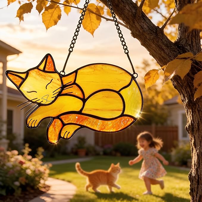 Orange Cat Memorial Suncatcher,Handmade Stained Glass Window Haninging Ornament for Home Decor,Memorial Gifts for Pet Lovers,Pet Loss Sympathy Gift